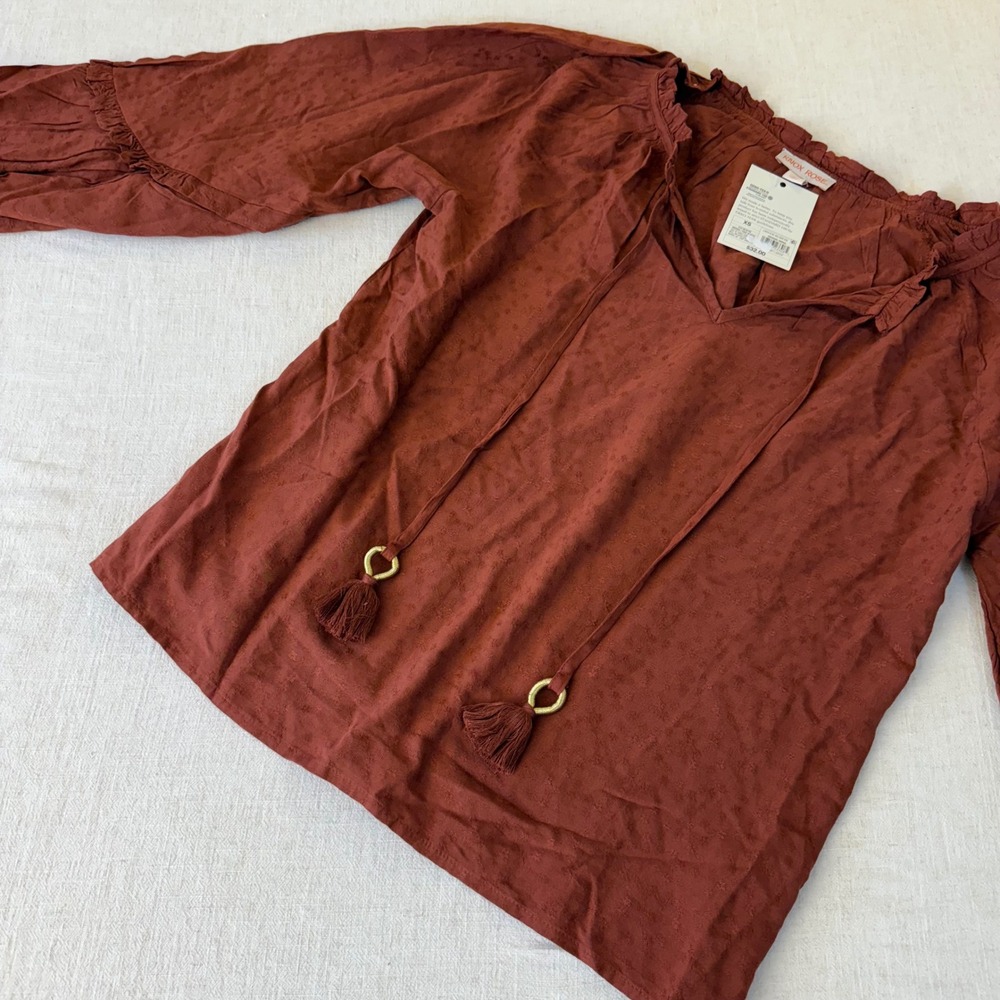 Knox Rose Rust Brown Clip Dot Peasant Blouse Tassel Tie Balloon Sleeve NWT XS - Picture 12 of 13